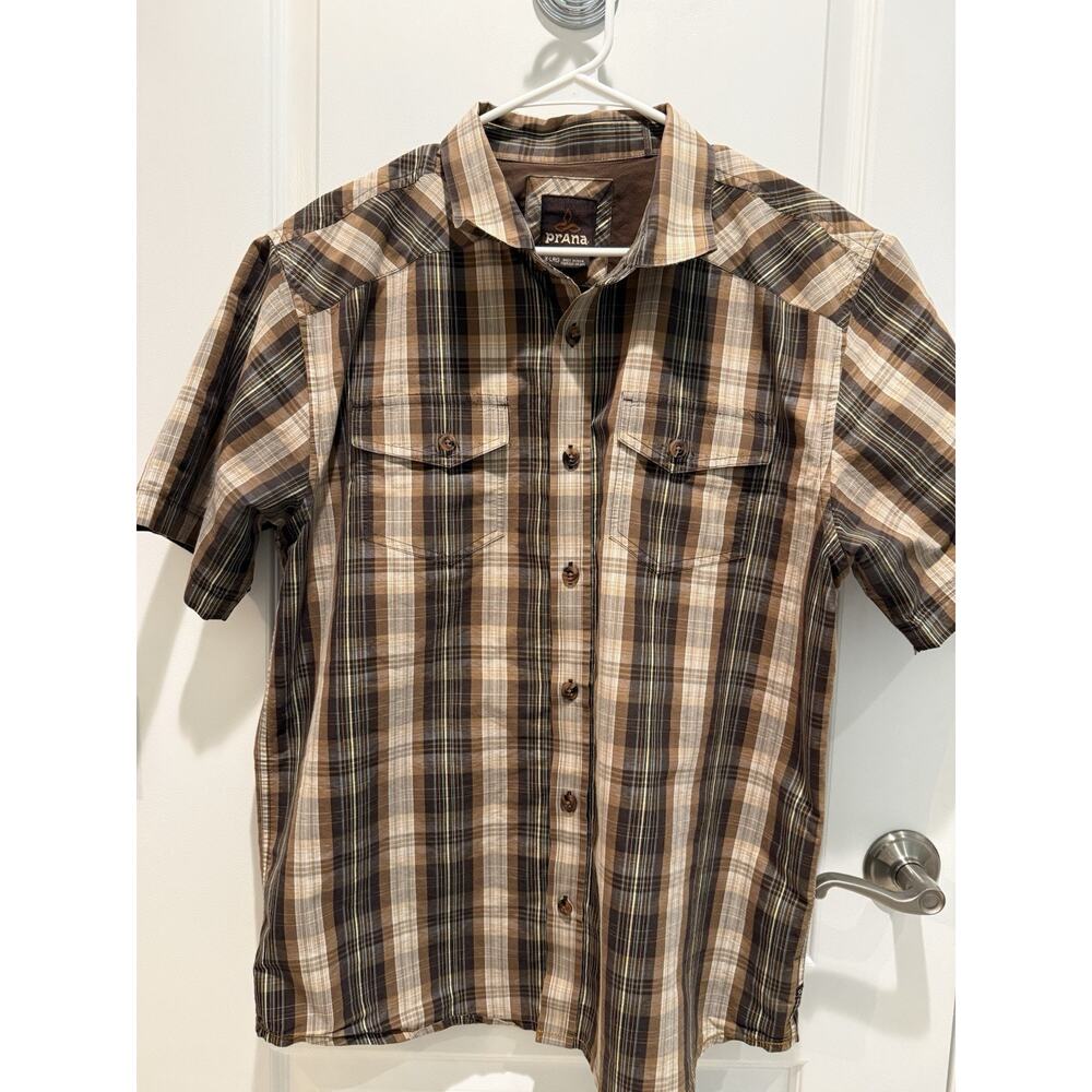 prAna Mens Plaid Button Down Short Sleeve Shirt Organic Cotton Blend Size XL